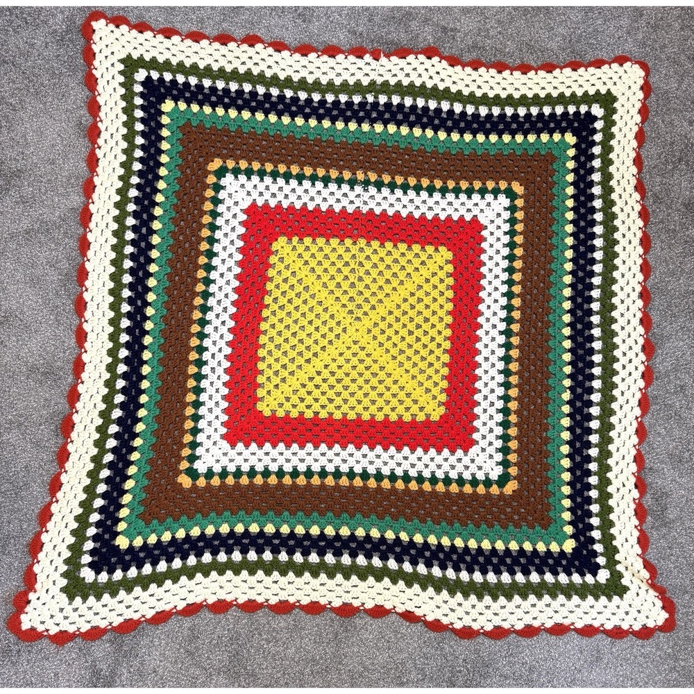 Vintage Handmade Crochet Afghan Throw Size 47x47 Lap Blanket Scalloped Edge